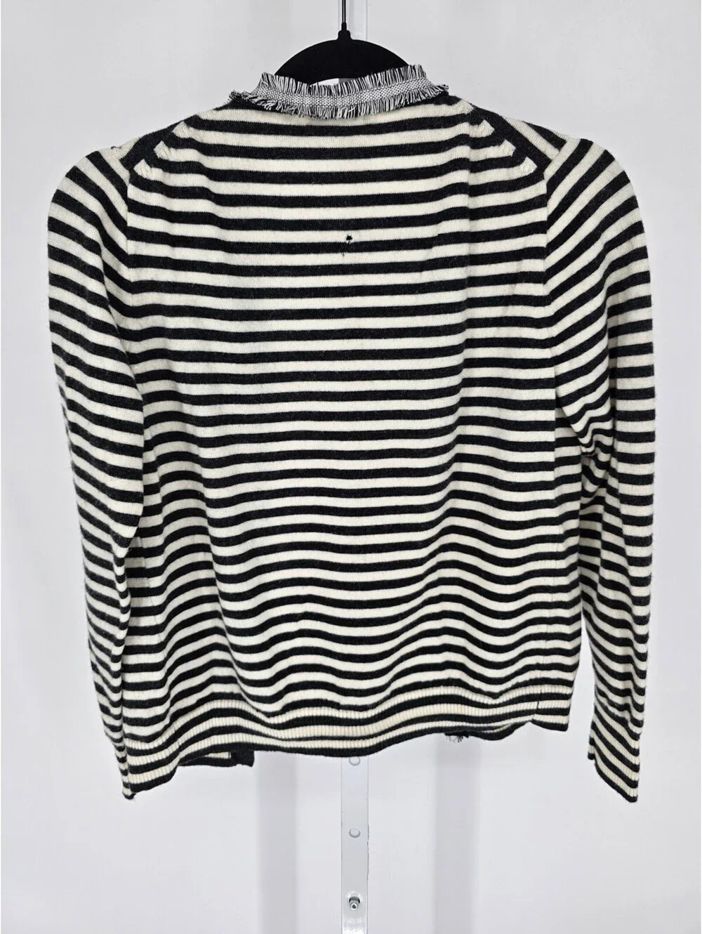 J CREW Womens Sz M Black White Stripe Fringe Cardigan Sweater